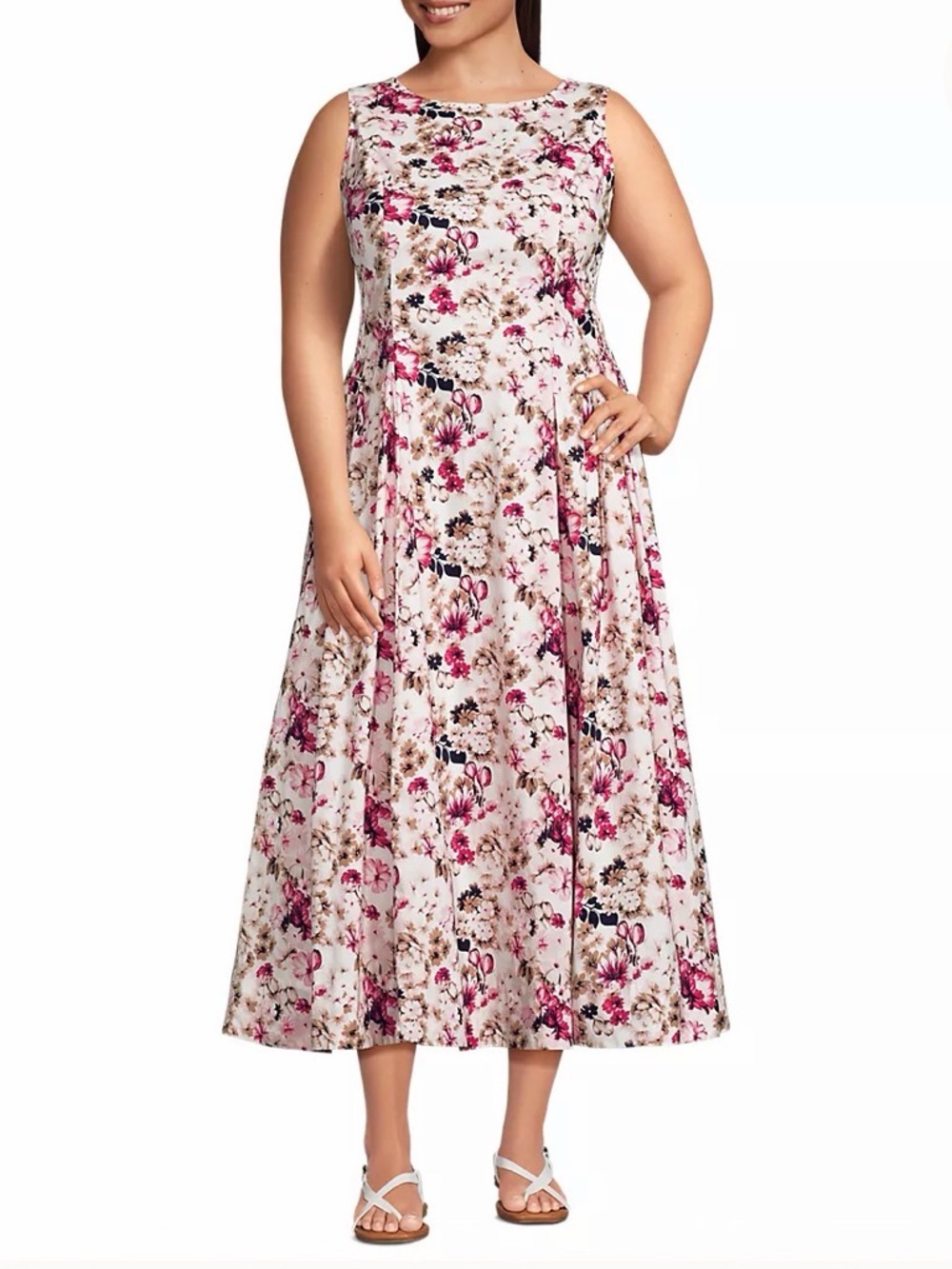 Women’s Plus Size Poplin Boatneck Midi Pink Floral Dress - Picture 2 of 4